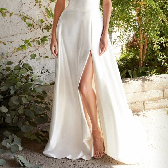 NEW WHITE PROM WEDDING Pleated Bodice Leg Slit A-Line Prom Dress CD903W - Picture 6 of 7